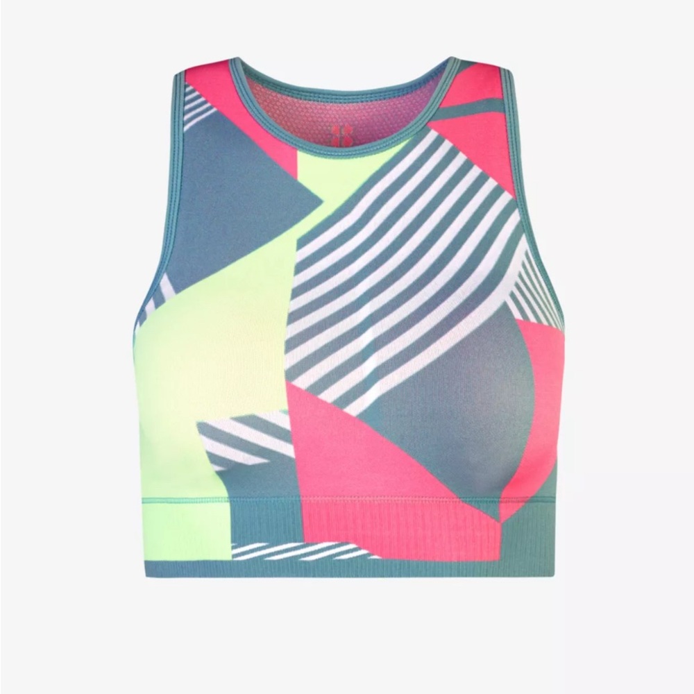 Sweaty Betty: “Interval” Neon graphic-print seamless stretch-woven sports bra